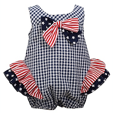 Bonnie Baby Size 3-6M Stars and Stripes Seersecker Check Bubble Romper in Navy. View a larger version of this product image.