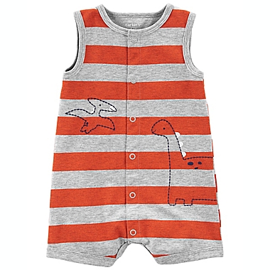 carter&#39;s&reg; Size 6M Striped Dinosaur Cotton Snap-Up Tank Romper in Grey/Orange. View a larger version of this product image.