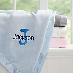 Playful Name Embroidered Satin Trim Baby Blanket in Blue