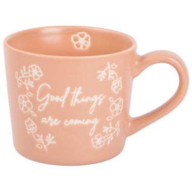 Home Essentials&reg; "Good Things Are Coming" 16 oz. Floral Mug in Tan. View a larger version of this product image.