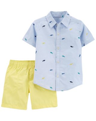 carter&#39;s&reg; 2-Piece Shark Button-Front Shirt and Short Set in Blue/Yellow