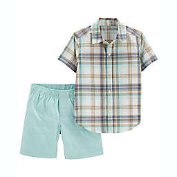carter's® Size 12M 2-Piece Plaid Button-Front Shirt and Short Set in Blue