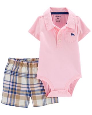 carter&#39;s&reg; Size 12M 2-Piece Polo Bodysuit and Plaid Short Set in Pink