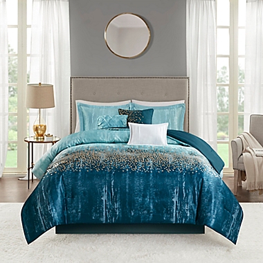 Madison Park&reg; Midnight Garden 7-Piece Metallic Print Queen Comforter Set in Navy. View a larger version of this product image.