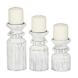 Ridge Road Décor Traditional Wood Pillar Candle Holders in Whitewash (Set of 3)