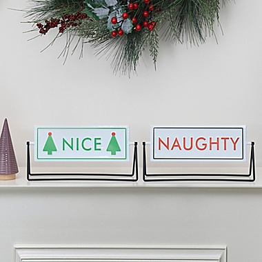 H for Happy&trade; 9.84-Inch Naughty/Nice Metal Reversible Tabletop Sign. View a larger version of this product image.