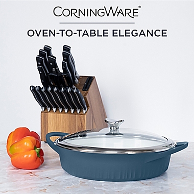 CorningWare&reg; Nonstick 4 qt. Cast Aluminum Covered Braiser in Navy. View a larger version of this product image.