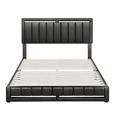E-Rest Huxley King Linen Upholstered Platform Bed in Charcoal. View a larger version of this product image.