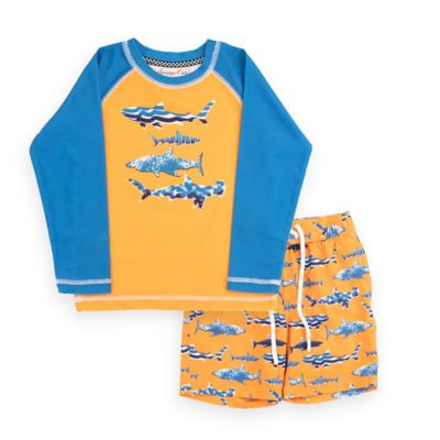 Sovereign Code&reg; 2-Piece Sharks Rash Guard and Swim Trunk Set in Orange/Blue