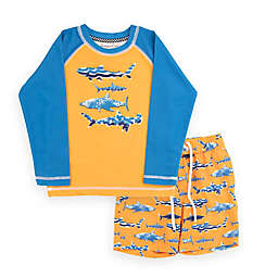 Sovereign Code® Size 6-9M 2-Piece Sharks Rash Guard and Swim Trunk Set in Orange/Blue