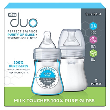 ChiccoDuo&reg; 5 oz. 2-Pack Hybrid Baby Bottles with Invinci-Glass&reg; in Clear/Grey. View a larger version of this product image.