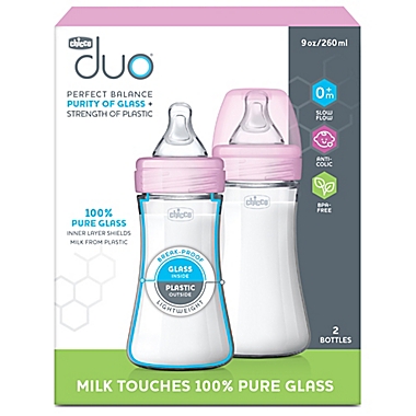 ChiccoDuo&reg; 9 oz. 2-Pack Hybrid Baby Bottles with Invinci-Glass&reg; in Pink. View a larger version of this product image.