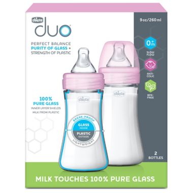 ChiccoDuo&reg; 9 oz. 2-Pack Hybrid Baby Bottles with Invinci-Glass&reg; in Pink. View a larger version of this product image.