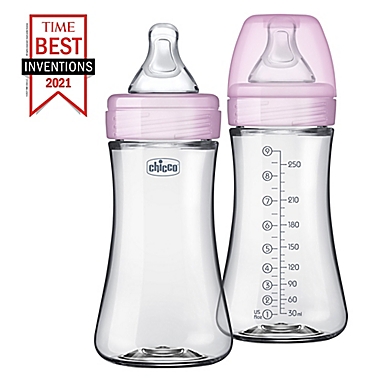 ChiccoDuo&reg; 9 oz. 2-Pack Hybrid Baby Bottles with Invinci-Glass&reg; in Pink. View a larger version of this product image.