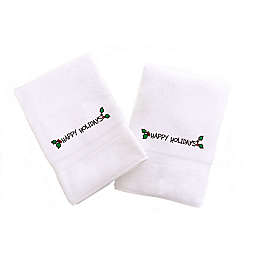 Linum Home Textiles "Happy Holidays" Embroidered 2-Piece Hand Towel Set in White