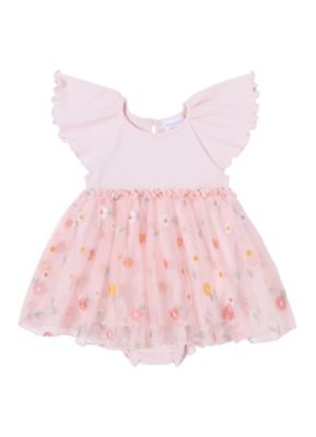 Kidding Around Newborn Embroidered Tulle Dress Romper in Pink
