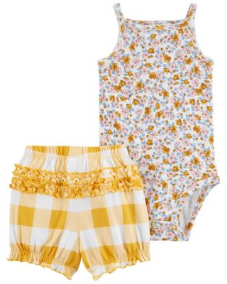 carter&#39;s&reg; 2-Piece Floral Bodysuit and Gingham Short Set in Yellow