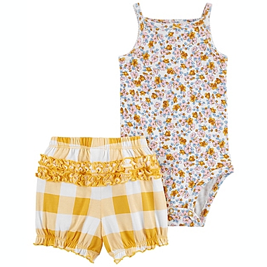 carter&#39;s&reg; Newborn 2-Piece Floral Bodysuit and Gingham Short Set in Yellow. View a larger version of this product image.