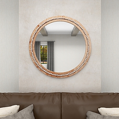 Ridge Road Decor Natural 36-Inch Round Wooden Wall Mirror with Decorative Beads in Light Brown. View a larger version of this product image.