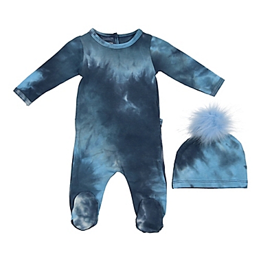 HannaKay, By Mani&egrave;re Size 6M 2-Piece Tie Dye Footie and Hat Set in Blue. View a larger version of this product image.
