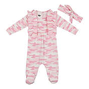 HannaKay, By Mani&egrave;re 2-Piece Camo Chest Ruffle Footie and Headwrap Set in Pink