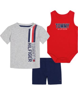 Tommy Hilfiger&reg; Size 12M 3-Piece Logo Tee, Short &amp; Bodysuit Set in Red/Grey