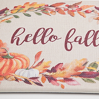 Harvest 18&quot; x 30&quot; Hello Fall Linen Wreath Kitchen Mat in Ivory. View a larger version of this product image.