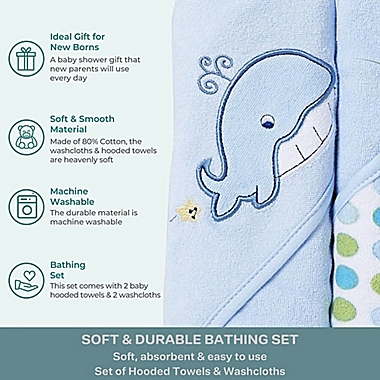 Spasilk&reg; 4-Piece Hooded Towel with Matching Washcloth Set in Blue Whale. View a larger version of this product image.