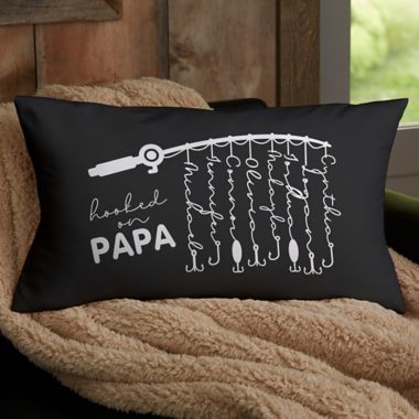 Hooked On Dad Personalized 12-Inch x 22-Inch Lumbar Velvet Throw Pillow. View a larger version of this product image.
