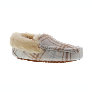 Lamo&reg; Aussie Size 7 Women's Moccasin in Cream Plaid. View a larger version of this product image.