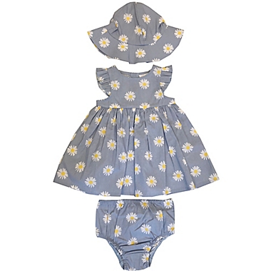 Sterling Baby 3-Piece Daisy Woven Dress, Diaper Cover, and Hat Set in Blue. View a larger version of this product image.