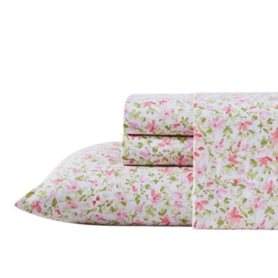 Laura Ashley 4-Piece QUEEN Sheet Set 100% Cotton // Pink Olive Green NEW