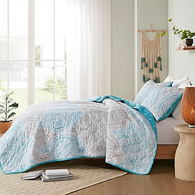 Madison Park&reg; Cardi 3-Piece Reversible Cotton Full/Queen Coverlet Set in Teal. View a larger version of this product image.