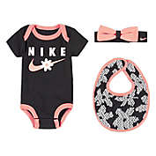 Nike&reg; Size 0-6M 3-Piece Daisy Bodysuit, Bib, and Headband Set in Black/Pink