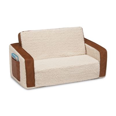 Delta Children Cozee Sherpa/Faux Leather Convertible Flip-Out Sofa/Lounger in Cream