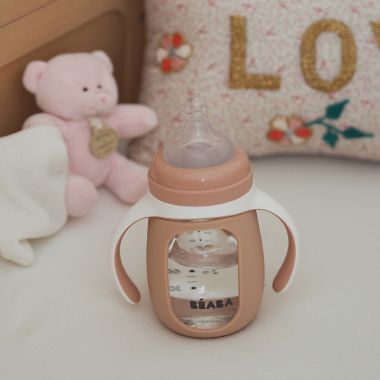 BEABA&reg; 7 oz. 2-in-1 Glass Training Cup in Rose. View a larger version of this product image.