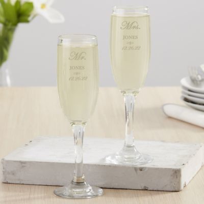 Qty-2 Personalized Champagne Flute Engraved w Couple's Names and Wedding Date 