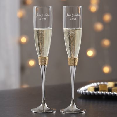 Gold Hammered Engraved Wedding Champagne Flutes (Set of 2)