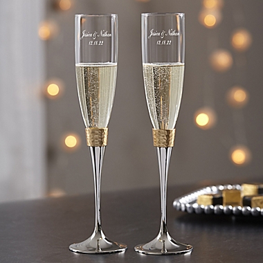 Gold Hammered Engraved Wedding Champagne Flutes (Set of 2). View a larger version of this product image.
