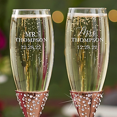 Radiant Rose Gold Etched Wedding Champagne Flute Set of 2. View a larger version of this product image.