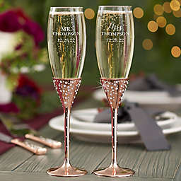 Radiant Rose Gold Etched Wedding Champagne Flute Set of 2
