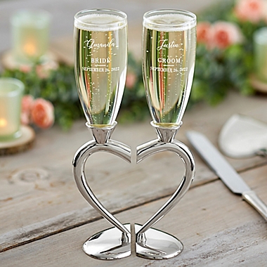Silverplated Row Of Hearts Stem Wedding Pair Champagne Glass Set Of 2 Gift 