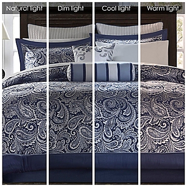 Madison Park Aubrey 12-Piece Reversible Queen Comforter Set in Navy. View a larger version of this product image.