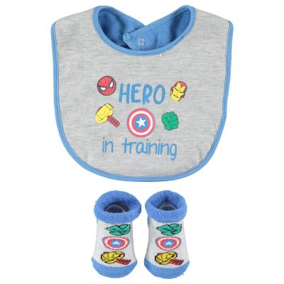 Marvel Size 0-12M 2-Piece "Hero in Training" Bib and Bootie Set in Blue/Grey