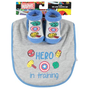 Marvel Size 0-12M 2-Piece "Hero in Training" Bib and Bootie Set in Blue/Grey. View a larger version of this product image.