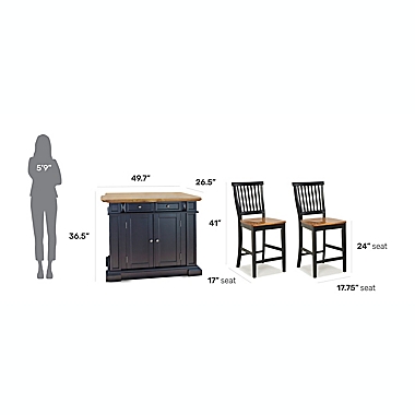 Home Styles Distressed Oak Top Kitchen Island and Two Barstools in Black. View a larger version of this product image.