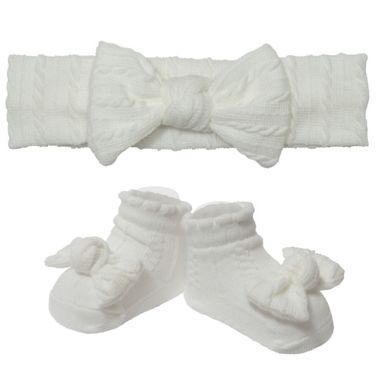 So 'Dorable&reg; Size 0-12M 2-Piece Cable Knit Headwrap and Bootie Set in White. View a larger version of this product image.