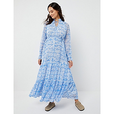 A Pea in the Pod&reg; Medium/Large Floral Crinkle Chiffon Maxi Maternity Dress in Blue/White. View a larger version of this product image.
