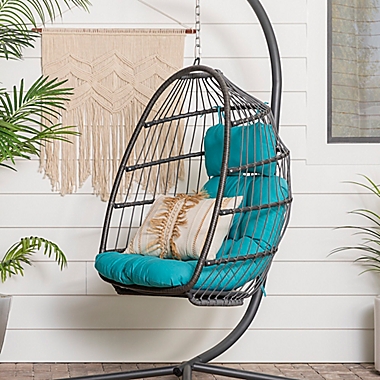 Forest Gate Metal Swing Egg Chair with Stand in Teal. View a larger version of this product image.