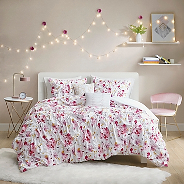 Intelligent Design Laci 4-Piece Floral Printed Ruched Twin/Twin XL Comforter Set in Pink. View a larger version of this product image.